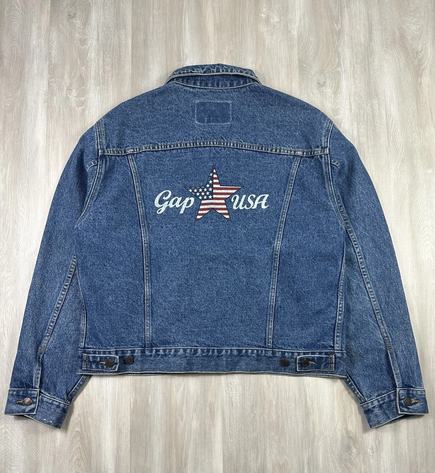 A BATHING APE (BAPE) Giacca denim camionista vintage Gap bandiera USA uomo taglia large blu con bottoni