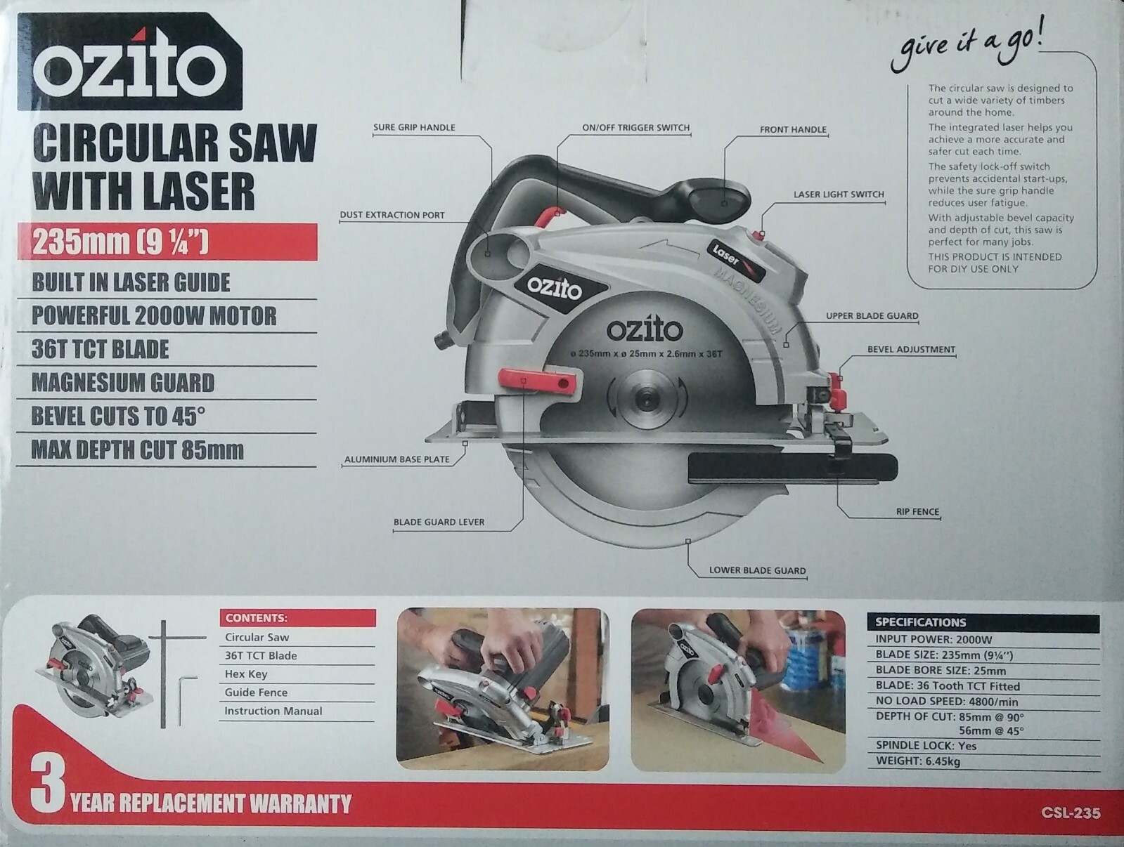 OZITO CIRCULAR SAW 2000W 235mm (9.25″), Laser Guided, Bevel Adjustment 3YR WTY eBay