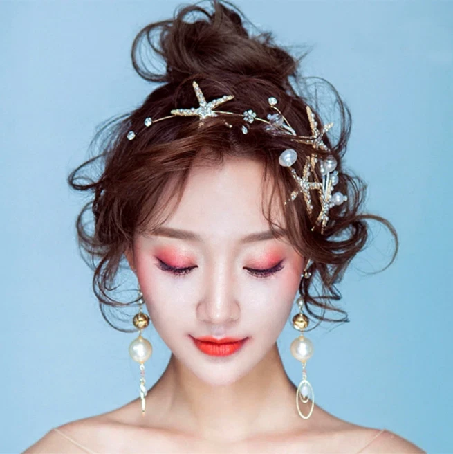 Gold Starfish Pearl Beach Mermaid Crown Headband Earrings
