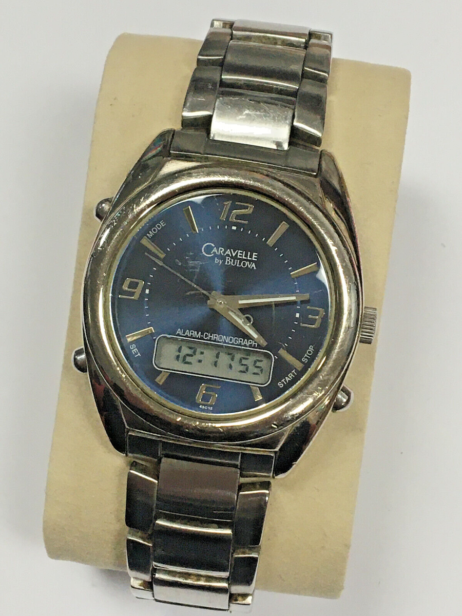 Vintage Caravelle By Bulova Alarm Chronograph Mens Watch Blue Dial