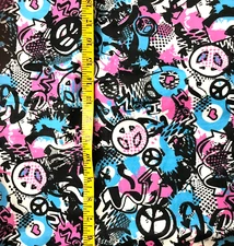 Creative Products GROOVY Flannel Fabric Yardage 1.42 Yds Pink & Blue Graffiti