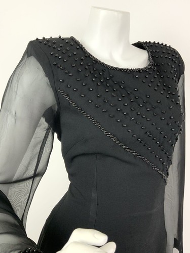 VINTAGE 70s 80s BLACK BEADED SHEER ELEGANT GOWN DRESS 8 10 - Picture 4 of 7