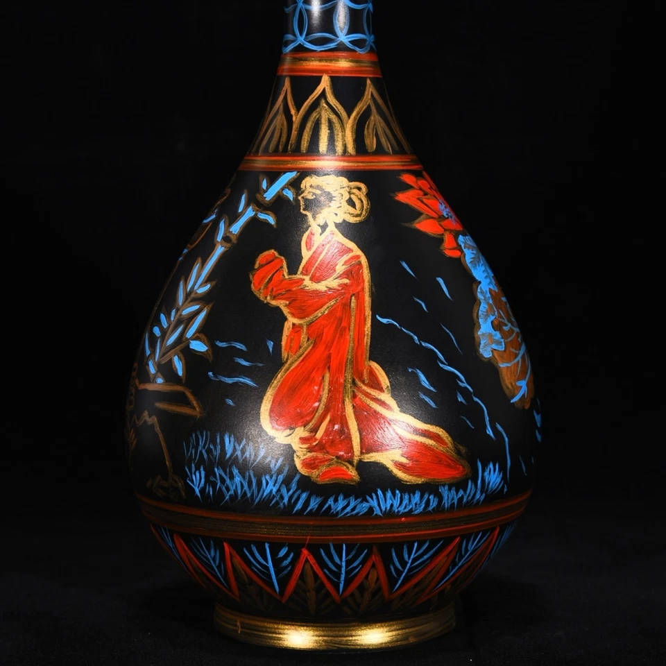 Jarrón Song Ru horno lacado dorado patrón damas Foto 4 de 4