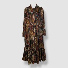 Tahari Women's Yellow Paisley Tiered Collared Button-Up Shirt Dress Size 10