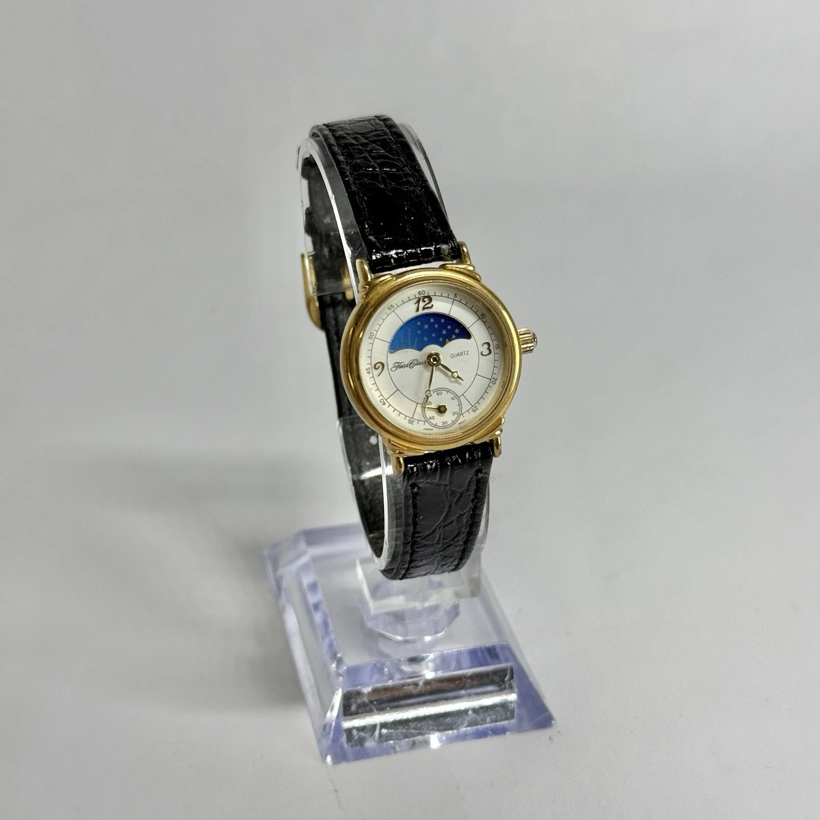 FIRST CLASS 181-149 Moon Phase Gold Tone Women Vintage Watch W632 *WORKING