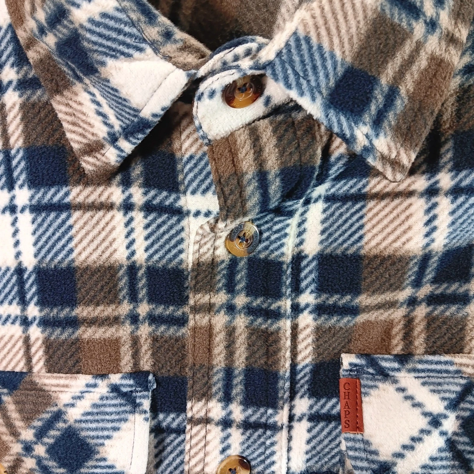 Chaps Coffee Plaid Flannel Shirt Men L/G Blue Brown White Long Sleeve Button Up