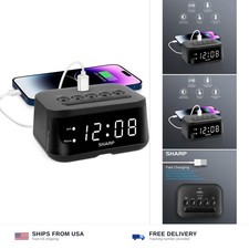 Sharp Digital Alarm Clock with USB 2 AMP Fast Charge Port  White LED Display