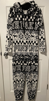 PINK Victoria's Secret S Fair Isle Hooded Zip One Piece Pajamas with Fur Hood