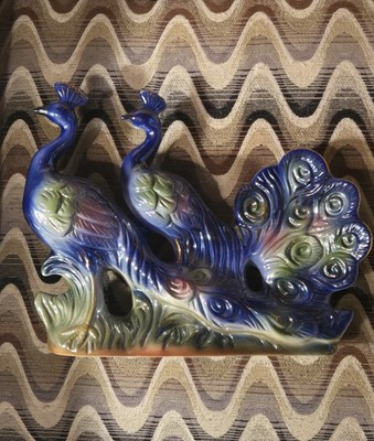 Vintage Lusterware Double Peacock Iridescent Ceramic Figurine Blue Green