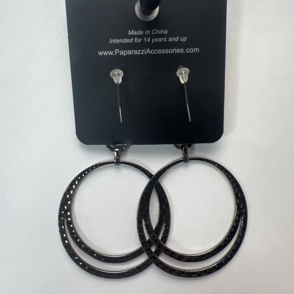 Paparazzi Gold Spin Your Heels Earrings Rhinestones Gun Metal Double Hoops Hooks - Image 2 of 3