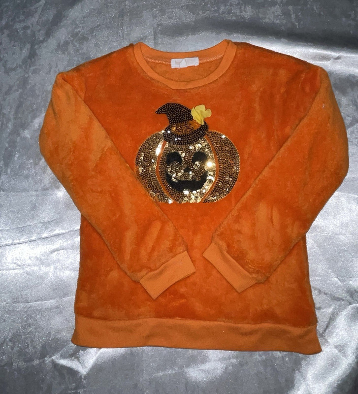 kensie Girl Orange Sequin Pumpkin Halloween Long Sleeve Top Size 7 Polyester