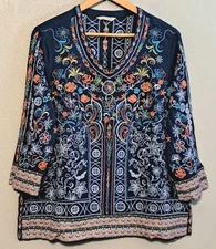 John Mark Womens Top M Blue Embroidered V-Neck 3/4 Sleeve Boho Hippie Peasant