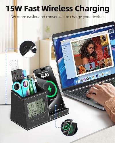 Pen Holder for Desk, Desk Organizer with Wireless Charger, Digital Indoor Black - 第 2/6 張圖片