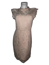 New SANS Souci Dress Size L Nude Pink Lace Sleeveless High Neck Lined Cocktail