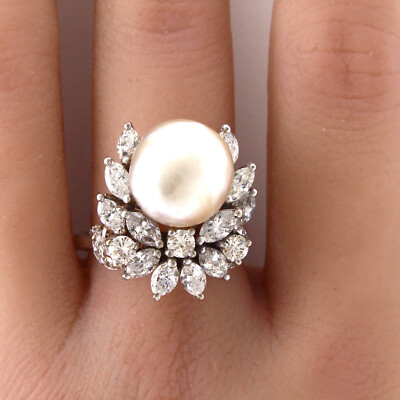 Natural Pearl and Diamond Platinum Ring Antique Pearl GIA
