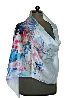 Schal Tuch Seide 100% mulberry silk satin High Quality blau geblümt 174 x 51 cm - Bild 1 von 4