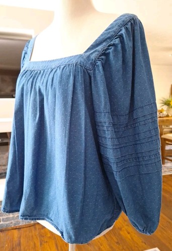 Madewell Denim Square-Neck Pleated Sleeve Top Boho Festival Style Large Womens - Picture 2 of 8