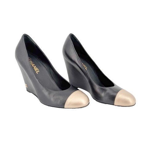 CHANEL ブラックレザー ウェッジヒール 71607 auth CHANEL gradient leather 24C LOS ANGELES WEDGE Pumps