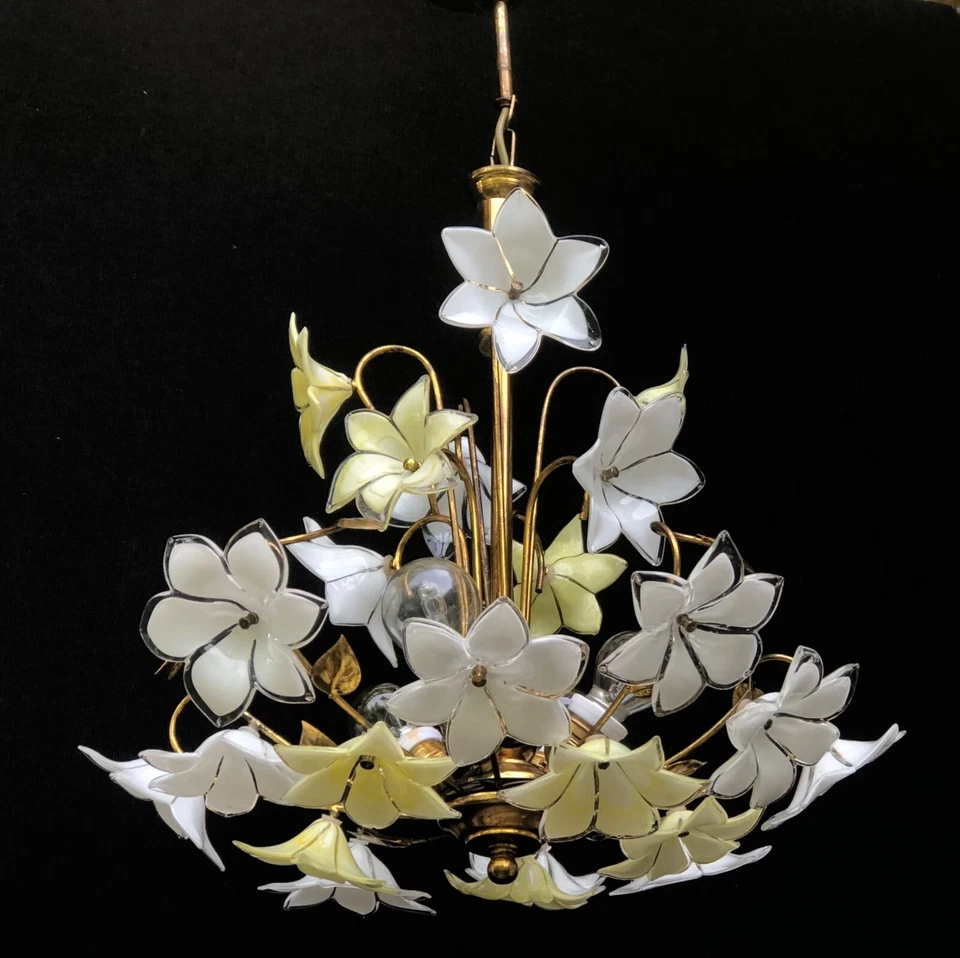 Vintage Murano chandelier Milk and Yellow glass Floral height: 28 inc w: 16 inc - Image 2 of 4