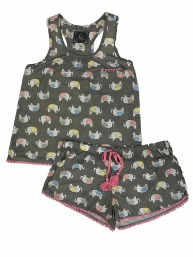 Damen Leichter Elefant Pyjama Tank Top Shirt & Schlafshorts Schlafset Lg