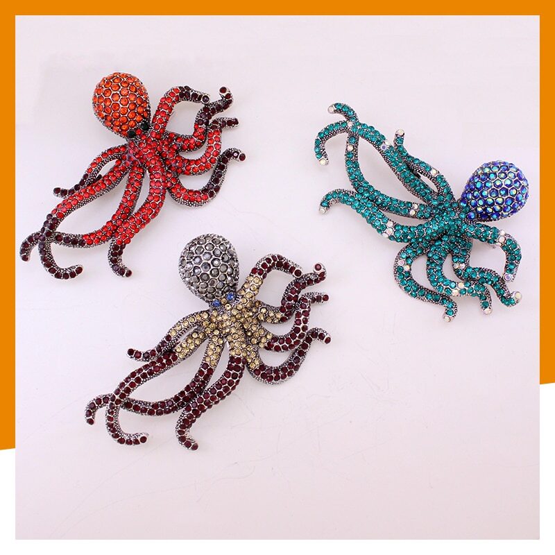 Antique Silver Octopus Fish Rhinestone Brooch Jewelry