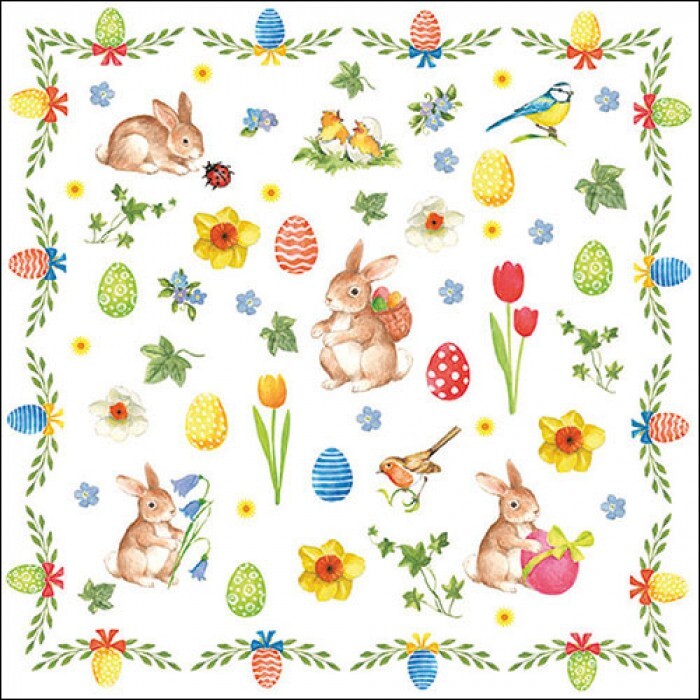 4 x Single Napkin/3-Ply/33cm/Decoupage/Easter Collage/Eggs/Rabbit/Bunny/Flowers