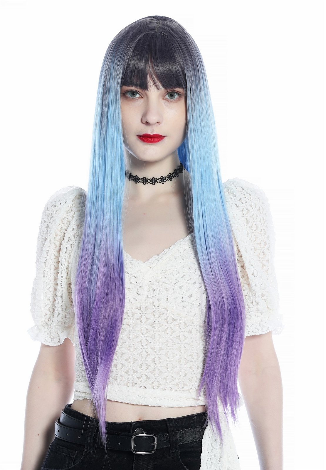 Perücke Damenperücke lang glatt Pony Ombre Violett Hellblau Lila Perrücke wig