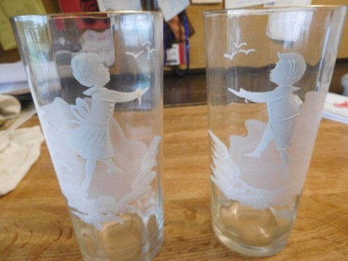 2 Mary Gregory glasses with gold rim/ 6 3/4" high