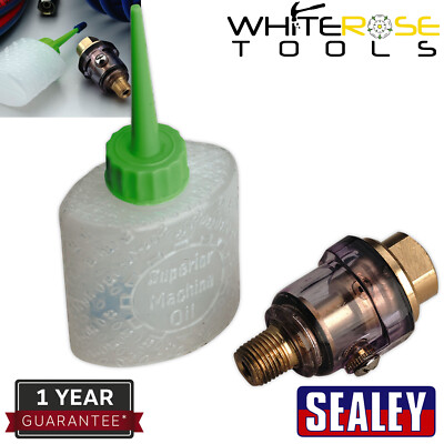 Sealey Mini Inline Druckluft Werkzeug Öler 1/4''BSP mit Einfüllzubehör Flasche 