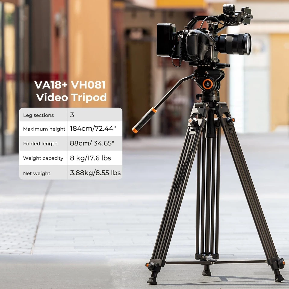 K&F Concept 184cm Video Tripod Heavy Duty Aluminum w/ 360°Fluid Head VA18+ VH081 - Image 3 of 4