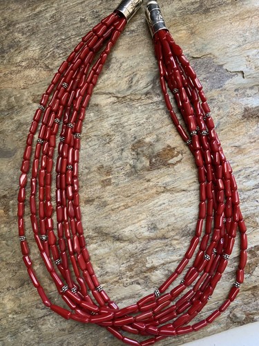 Native American Sterling Silver Bamboo Coral Bead Necklace 22 Inch - Picture 5 of 12