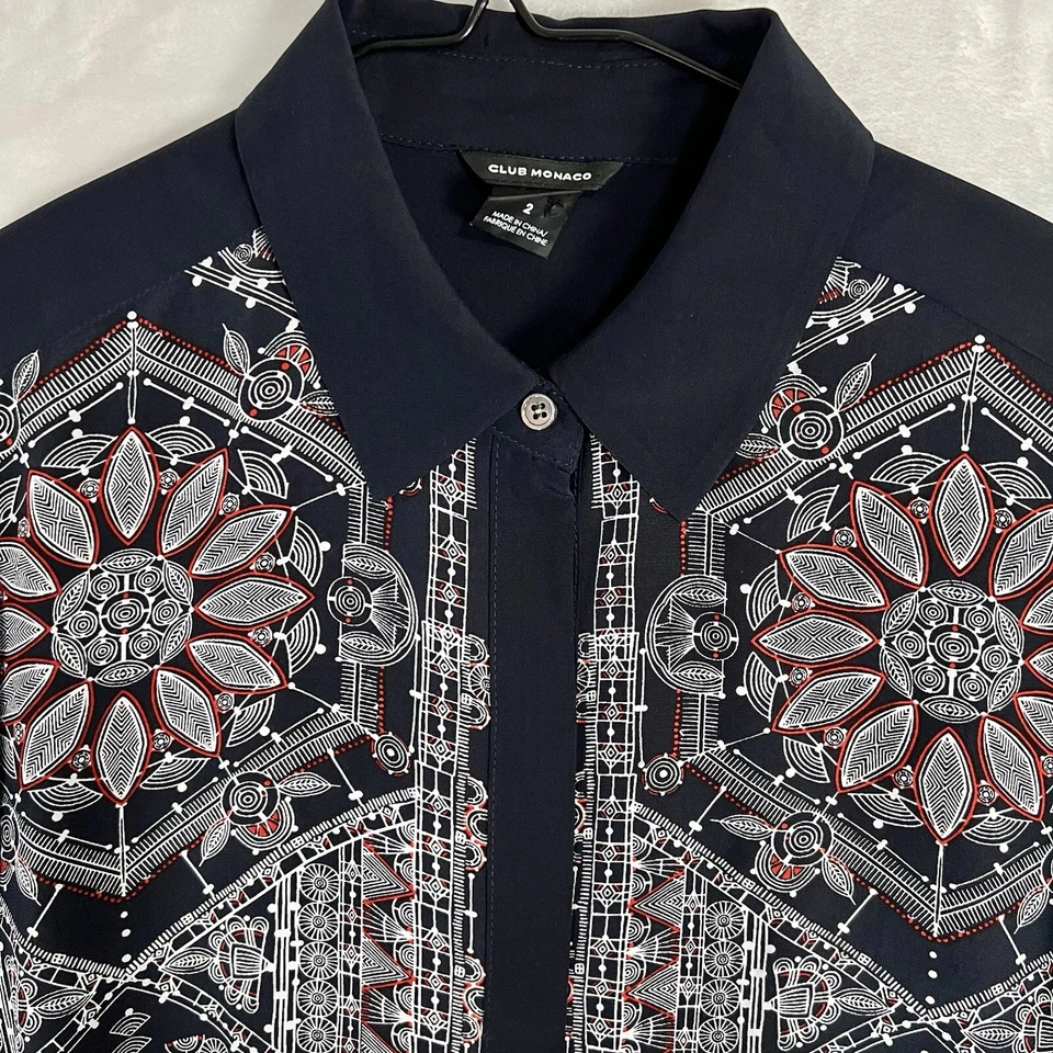 Club Monaco Boho 100% Silk Button Down Shirt Dress Size 2 Floral Tribal Preppy - Image 2 of 4