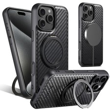 Carbon Fiber Pattern Case w/ Metal Rotation Stand For iPhone 16 17 Pro Max 15 14