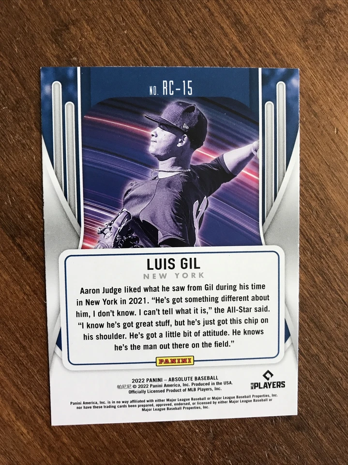 Luis Gil 2022 Absolute Rookie Class Green RC-15 New York Yankees RC - Image 2 of 2