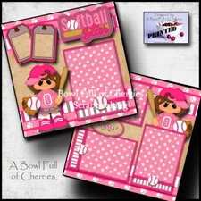 SOFTBALL ~ girl PRINTED 2 PREMADE SCRAPBOOK PAGES layout paper piecing BY CHERRY