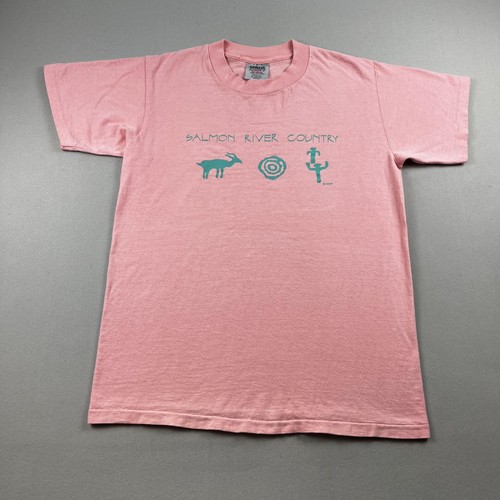 Vintage Salmon River Country T-Shirt Mens Small Pink Nature Fish Art Hiking 90s