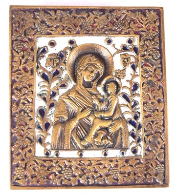 Alte große Ikone Gottesmutter von Kazan Bronze Emaille Russland 19  Jh.
