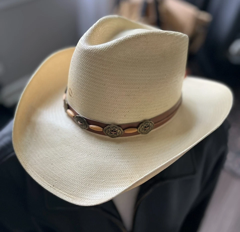 Charlie 1 Caballo Sombrero de Vaquero 7 1/8 Paja Pluma Cuero Banda Vaquera Occidental Boho Foto 3 de 4