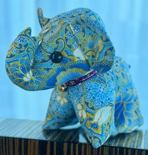 Elephant Blue Gold Stuffed Cotton Fabric Flower Printed Thai Made 6"  (18cm) &Uuml;21