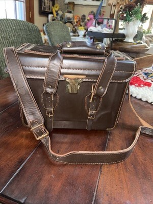 Vntg Brown LEATHER CAMERA CASE SHOULDER BAG Green VELVET Hand Tooled NWT Retro 9