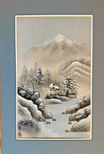 Sumi-e giapponese metà secolo / inchiostro e lavaggio paesaggio innevato "primavera profumata" 20x11
