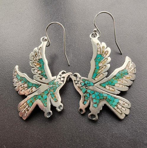 TED CASTILLO NAVAJO 925 STERLING SILVER TURQUOISE THUNDERBIRD DANGLE EARRINGS