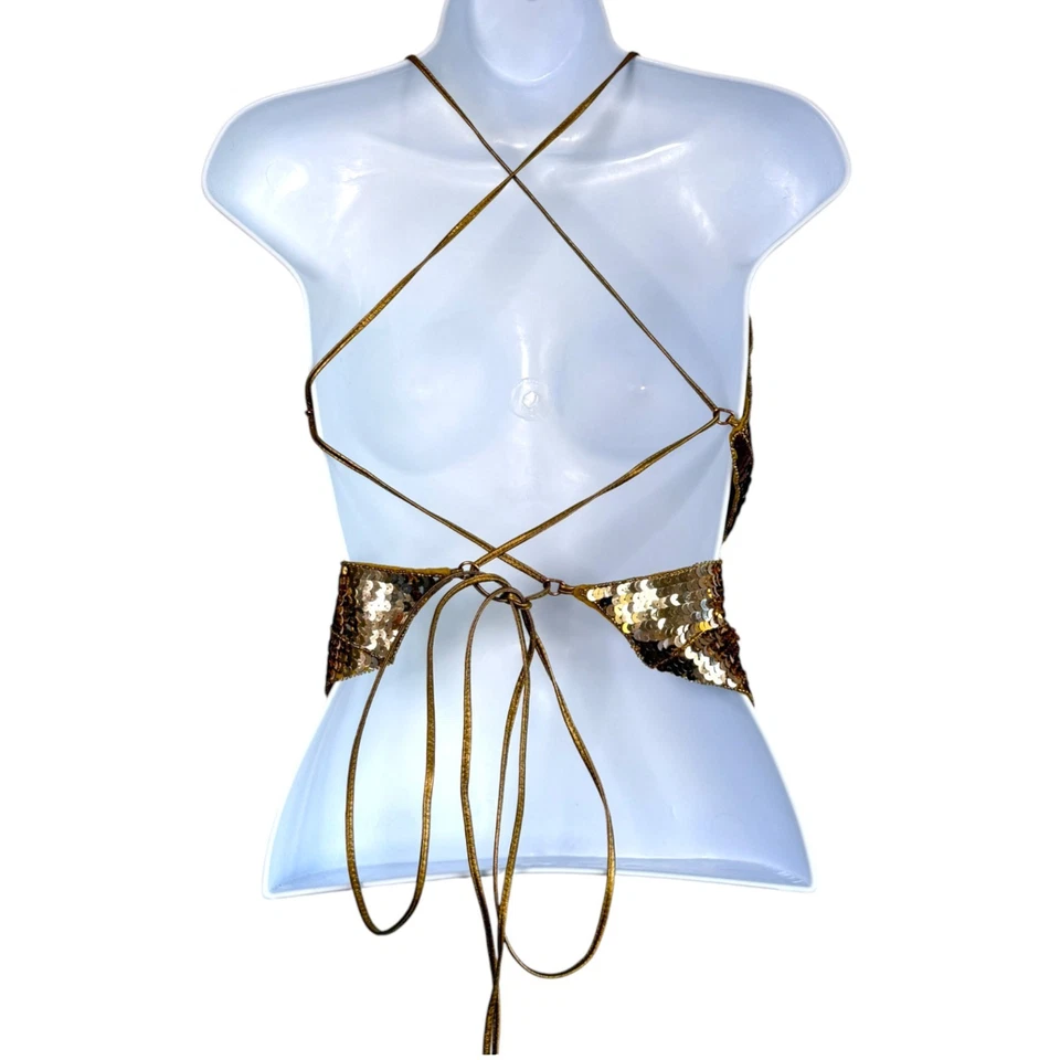 Y2K Sequin Butterfly Backless Tie Top Gold Size L-XL Festival Rave Fairy Club - Image 2 of 4