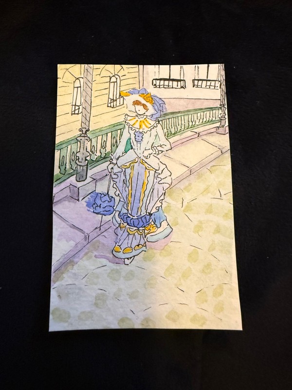 ACEO  original vintage victorian style portrait of woman in city street walking