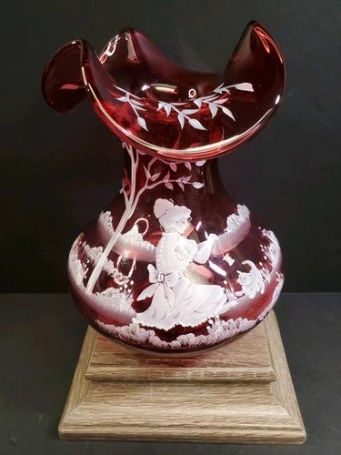 Vintage Fenton Cranberry Art Glass Vase Mary Gregory Girl With Cat Under Tree