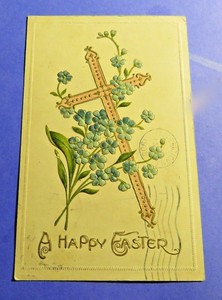 A-Happy-Easter-Pink-Cross-Vintage-Old-Postcard-PC1185