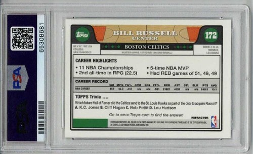 2008 TOPPS CHROME REFRACTOR #172 BILL RUSSELL CARD CELTICS PSA 10 LOW POP 2 RARE - Picture 2 of 2