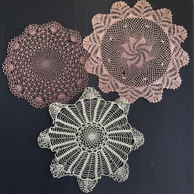 3 Vintage Handmade Crochet 2 Brown 1 Green Earth Tone Doilies