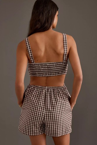 Anthropologie Gingham Brown Sleeveless Cutout Playsuit Romper Size UK 6 - Picture 4 of 16
