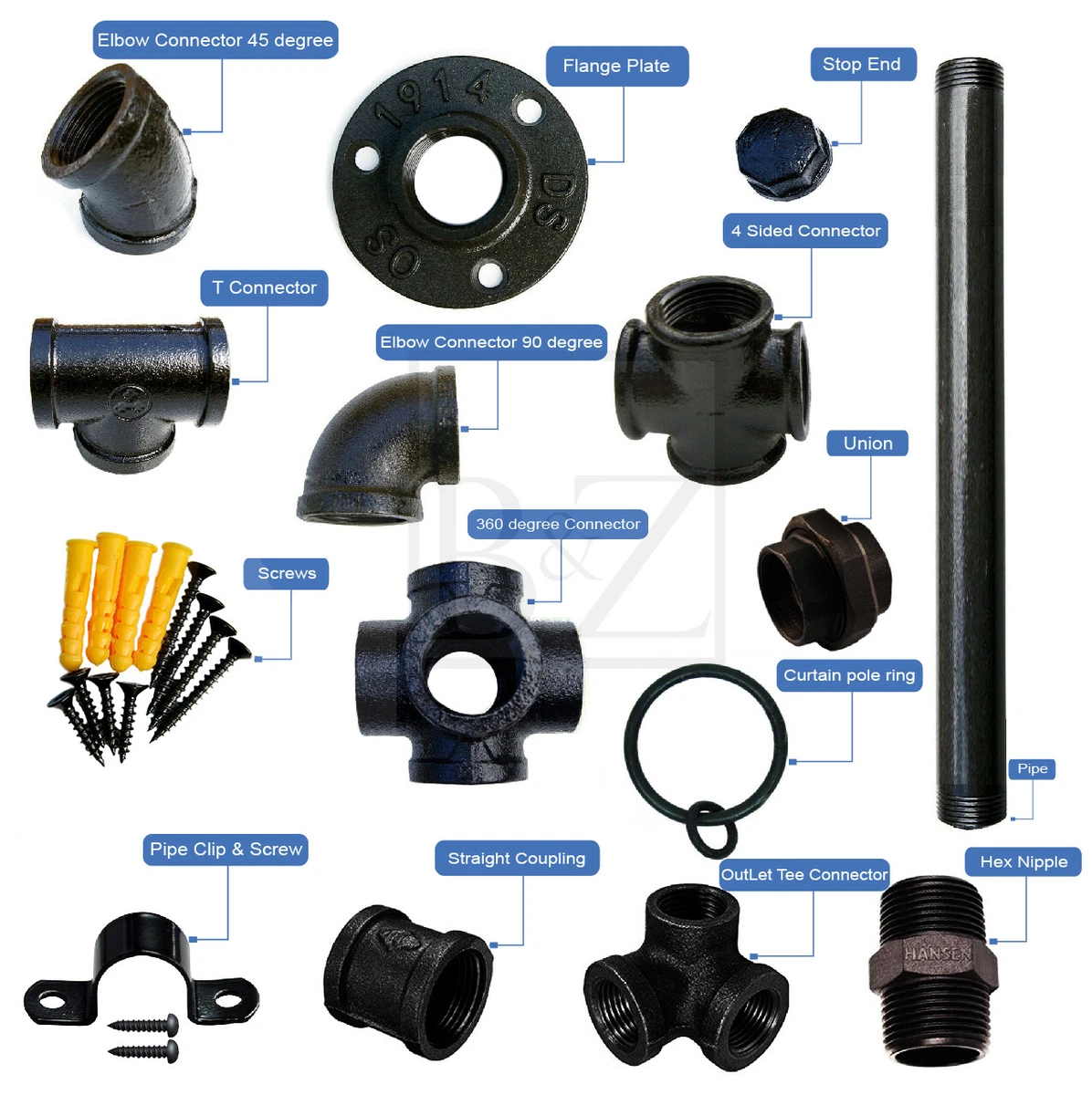 B Z Industrial Plumbing Pipe Fittings Components Steampunk Rustic Vintage BLACK
